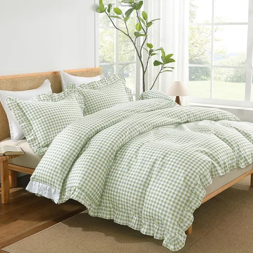 Vista 10 de Andency - Funda de edredón Gingham tamaño Queen, funda de edredón de estilo granjero con volantes en color marrón claro y estilo shabby chic, juego