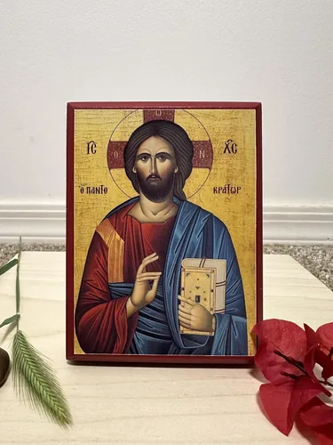 Vista 3 de Icono cristiano ortodoxo griego de madera Jesucristo el Pantocrátor (4 "x 5")