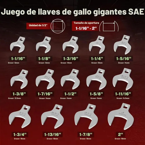 Vista 5 de BILITOOLS Juego de llaves de pie de cuervos jumbo de 1/2 pulgada, 14 piezas, SAE Juego de llaves Big Crowfoot (1-1/16"-2") SAE. Acero CR-V