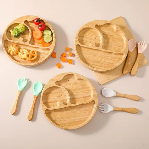Vista 4 de Placas de succión para bebés y niños pequeños, platos de alimentación divididos de bambú con tenedor y cuchara de silicona, platos de comida