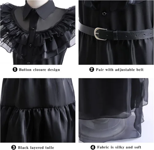 Vista 4 de LZH Wednesday Addams Costume Dress For Girls Kids Cosplay Addams Dress Up Halloween Costume With Wigs Belt Earrings