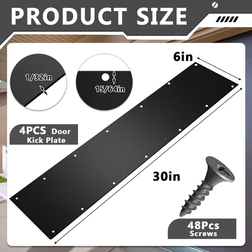 Vista 2 de Dunzy Placa protectora inferior de puerta con tornillos negros de grosor de aluminio satinado, placa de empuje de puerta de metal pulido