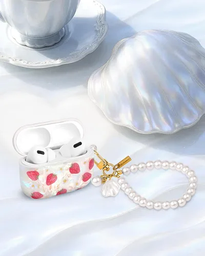 Vista 5 de Funda para AirPods Pro/Pro 2 con llavero de perlas, diseño de concha con purpurina para niñas, bonita y elegante funda Kawaii para Apple