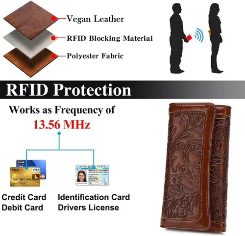 Vista 8 de MEITRUE Cartera de cuero para mujer, con bloqueo RFID, triple pliegue, con relieve, soporte para tarjetas, organizador de chequera para teléfono