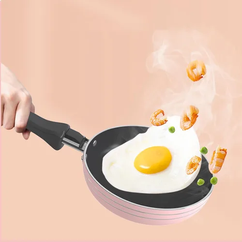 Vista 5 de Zoofen Sartén redonda de 4.7 pulgadas, sartén para huevos, antiadherente, sartén para desayunar con mango largo (rosa)