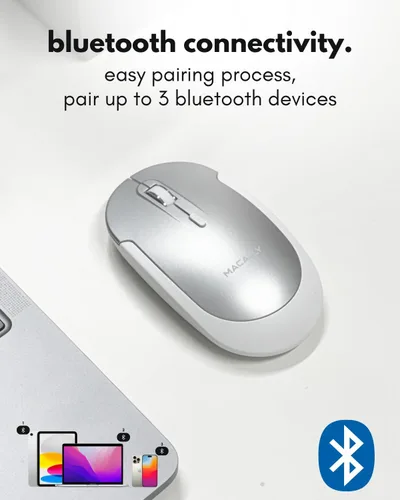 Vista 3 de Macally Mouse Bluetooth Inalámbrico para Mac, MacBook Pro/Air, iPad y PC - Cómodo y Silencioso Mouse Apple Inalámbrico Compatible - Plata