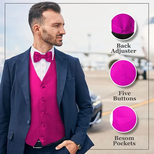 Vista 5 de Oliver George Chaleco formal sólido para hombre, 4 piezas, chaleco de esmoquin, corbata de lazo, pañuelo para traje o esmoquin