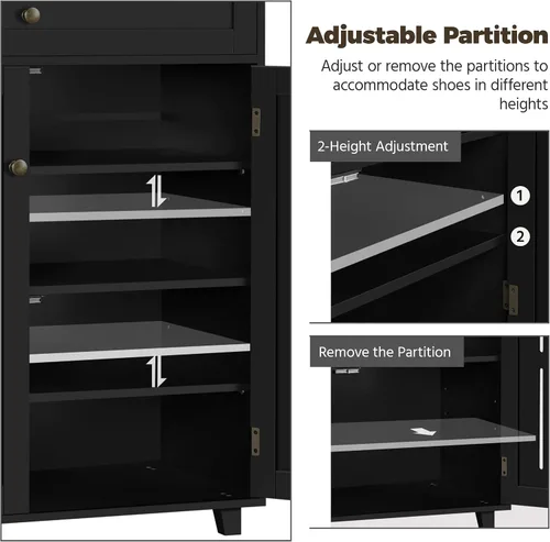 Vista 4 de Topeakmart Zapatero con puertas, zapatero de madera para pasillo, negro Estante de 4 capas y un cajón; dos particiones de nivel ajustables; MDF