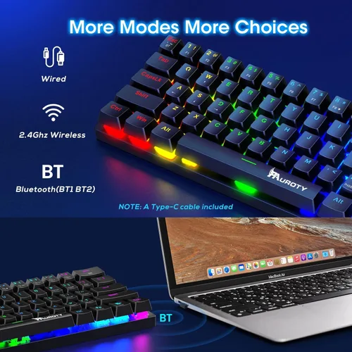Vista 8 de Pauroty 60% Teclado mecánico inalámbrico, teclado de juego de triple modo 2.4G/USB-C/Bluetooth, retroiluminación RGB, interruptor azul clicky