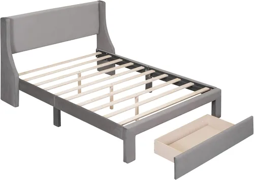 Vista 5 de Base de cama de tamaño matrimonial con cabecera tapizada de terciopelo, marco de cama con cajones y listones de madera que soportan el marco