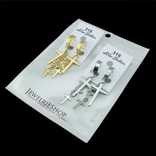 Vista 7 de JewelrieShop Pendientes colgantes de aro con bisagras de acero inoxidable con borla cruzada
