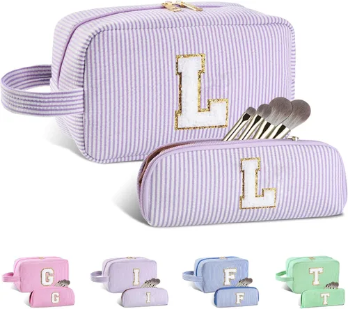 Vista 132 de Bolsa de maquillaje personalizada con inicial A-Z para mujeres, niñas y niños, bolsa de aseo de viaje, bolsa de maquillaje preparada, bolsa