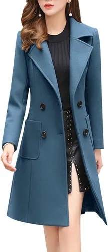 Vista 8 de chouyatou - Abrigo elegante cruzado de mezcla de lana para mujer, cuello con doble solapa de muesca Verde militar