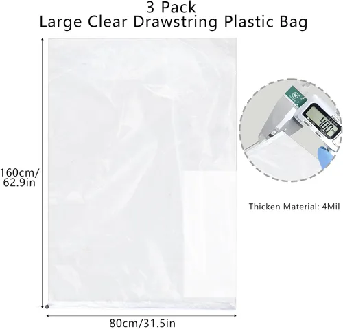 Vista 2 de Klmnop Bolsas de plástico transparentes extragrandes con cordón de 62 x 31 pulgadas, paquete de 3 bolsas de almacenamiento de equipaje a prueba