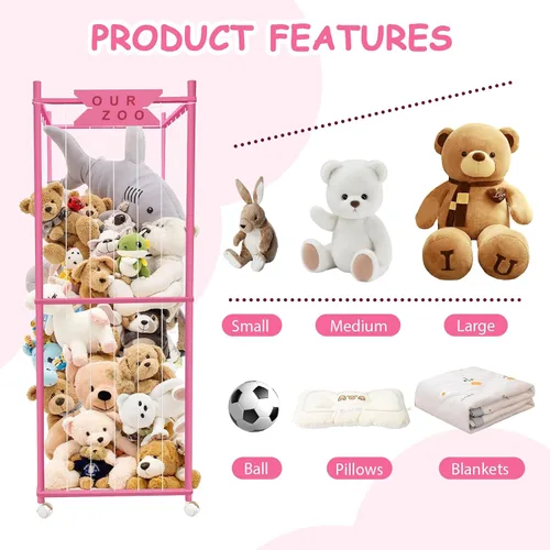 Vista 3 de Zoológico de almacenamiento de animales de peluche con ruedas, soporte de madera grande para animales de peluche, organizador de juguetes