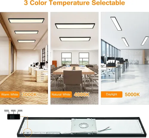 Vista 3 de Lámpara de panel plano LED negra de 1x4 pies, montaje en superficie, 5000K-4000K-3000K seleccionable y regulable Triac, lámpara de techo rectangular