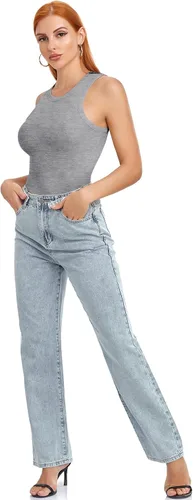 Vista 4 de SIMIYA Paquete de 2 camisetas sin mangas para mujer, acanaladas, sin mangas, espalda cruzada, básicas, de verano, cuello alto, blusas ajustadas