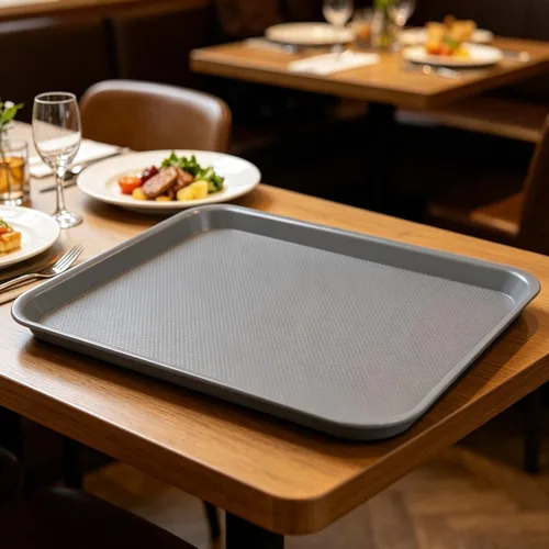Vista 9 de Begale Bandeja de plástico para servir comida rápida, bandeja de cocina, juego de 4, gris Bandeja de comida rápida de 17.2 x 13.4 pulgadas
