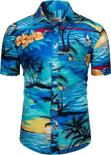Vista 2 de TUNEVUSE Camisa hawaiana de manga corta para hombre, trajes con estampado de flores, conjuntos tropicales de 2 piezas, camisas y pantalones cortos