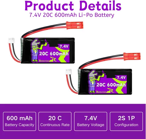 Vista 5 de Baterías JST 20C de 7.4V 600mAh para DEERC F35 4 canales sin escobillas RC avión para adultos Control remoto Avión EDF Fighter Jet, 2.4GHz 6 ejes