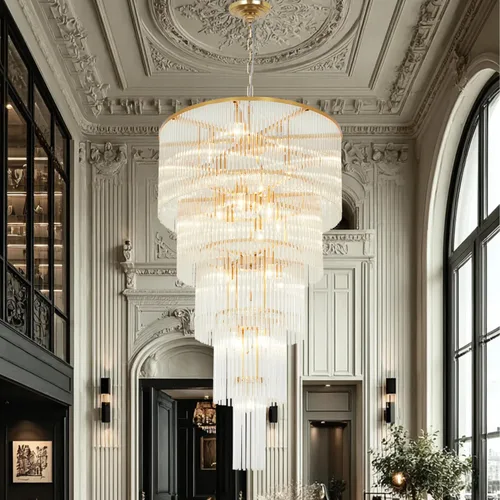 Vista 18 de Candelabro grande de cristal moderno de lujo, lámpara de techo colgante de oro antiguo para comedor, sala de estar, 12 luces, 3 niveles
