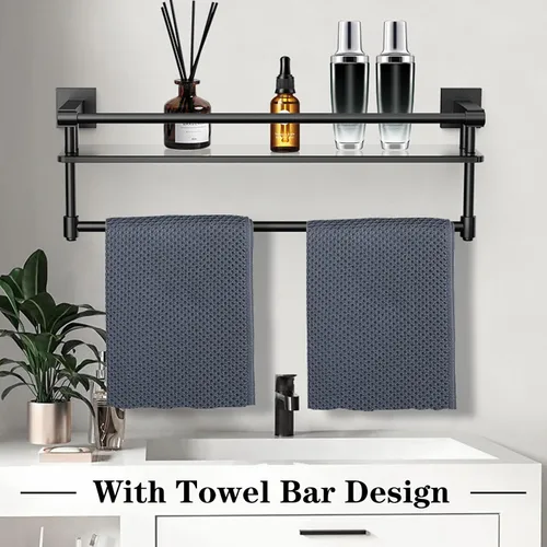 Vista 3 de Estante de vidrio para baño de 20 pulgadas, estantes de baño con barra para toallas, estantes de vidrio templado con soporte para toallas de acero