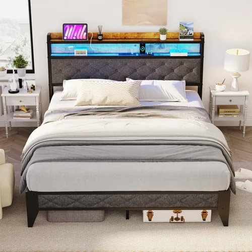 Vista 8 de Winkalon Marco de cama LED completo con cabecero, base de cama con estación de carga, marco de cama de plataforma de metal, tamaño matrimonial,