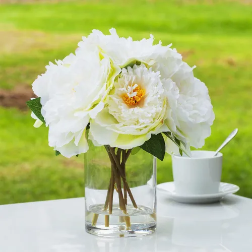 Vista 2 de ENOVA FLORAL Flores de seda de peonías en jarrón, flores falsas con agua sintética en jarrón de vidrio para decoración de mesa de comedor, centros