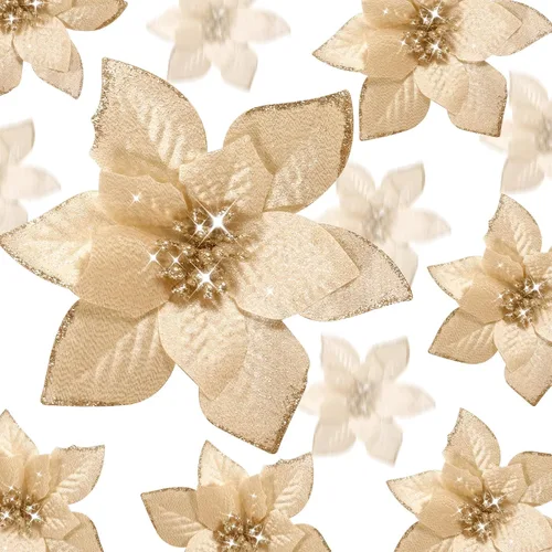 Vista 19 de WILLBOND 36 piezas de flores de Pascua navideñas de 3 tamaños para árbol de Navidad, flores falsas con purpurina, decoración, adornos de flor