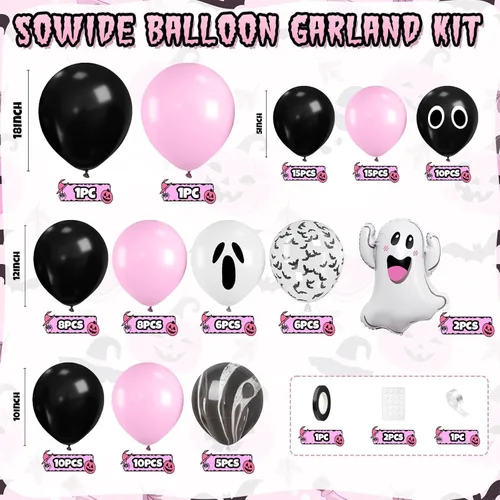 Vista 2 de Kit de guirnalda de arco de globos de Halloween, globos negros y rosados, globos de murciélago de aluminio fantasma para la familia, fondo de fiesta