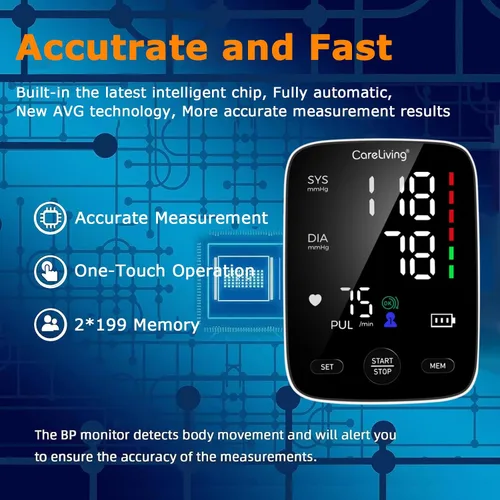Vista 2 de CareLiving Monitor de presión arterial, monitores de presión arterial superior del brazo para uso doméstico, memoria de lecturas de 2 x 199, puño