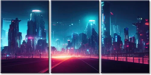 Vista 18 de Cuadros de 3 paneles de Cyberpunk City - Arte de pared de vallas publicitarias de edificios modernos en la capital con obras de arte modernas