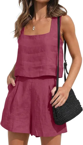 Vista 2 de ZDRZK Short Sets Women 2 Piece Outfits Vacation Linen Sleeveless Tank Crop Top High Waist Shorts Matching Lounge Tracksuit