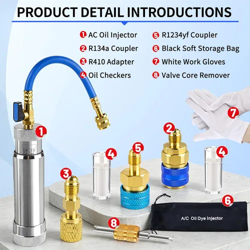 Vista 9 de Inyector de tinte CA FANOVO 1234YF con válvula de bola de cierre y preventor de reflujo Upgrade R1234YF AC Oil Injector, 2 OZ Refrigerant Hand