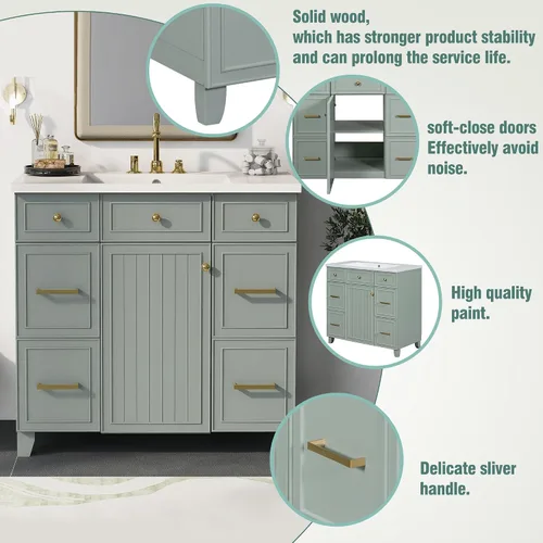 Vista 5 de LUMISOL Tocador de baño de 36 pulgadas con fregadero, tocador de baño de madera maciza con 3 cajones y armario agitador, gabinete de lavabo
