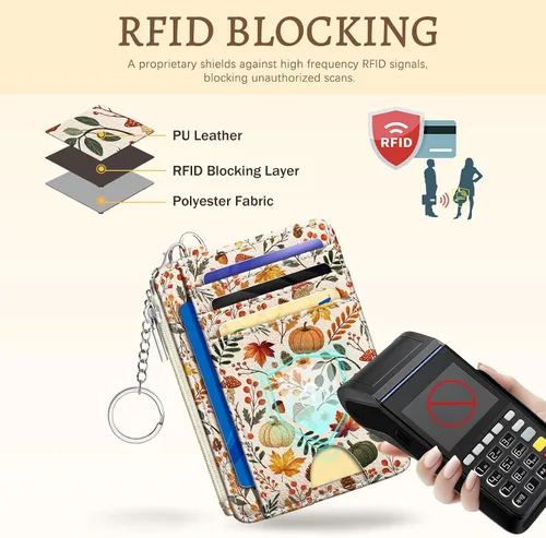 Vista 4 de Kelvoris Tarjetero pequeño para mujer, cartera delgada con bloqueo RFID, llavero con bolsillo para monedas con cremallera, bolsillo frontal
