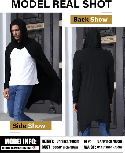 Vista 5 de Cárdigan largo con capucha para hombre, con volantes, cuello de chal, parte delantera abierta, ligero, con bolsillos