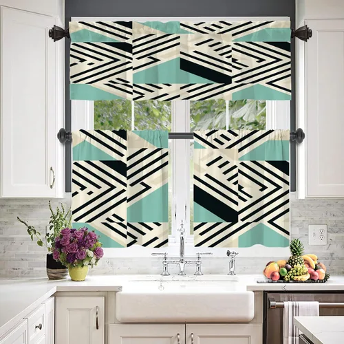 Vista 2 de Cortinas geométricas de cocina para ventanas, color negro, blanco, turquesa, cenefas opacas de poliéster multicapa para cocina, paquete de 2