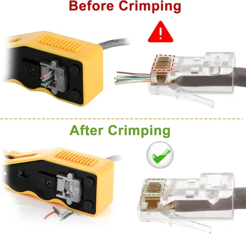 Vista 5 de Kit de Herramientas de Crimpado RJ45 Pass Through Crimpadora Ethernet para Enchufes Modulares Cat5e Cat6 Cat6a 8P8C, Herramienta de Crimpado Cat6
