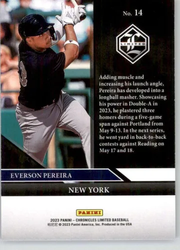 Vista 2 de Panini Chronicles Limited # 14 Everson Pereira New York Yankees - Tarjeta oficial de béisbol 2023 en estado crudo (NM o mejor)