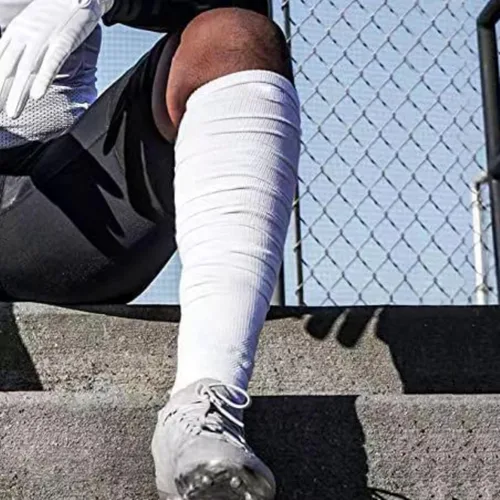 Vista 7 de Valcatch 2 pares de calcetines de fútbol fruncidos extra largos acolchados hasta la rodilla, calcetines deportivos antideslizantes para jóvenes