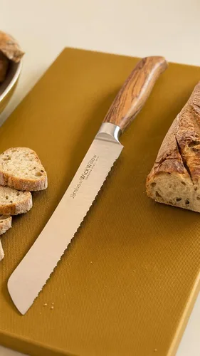 Vista 3 de WICKWILLOW Cuchillo de pan de doble dentado de 8 pulgadas, acero sueco, madera de olivo