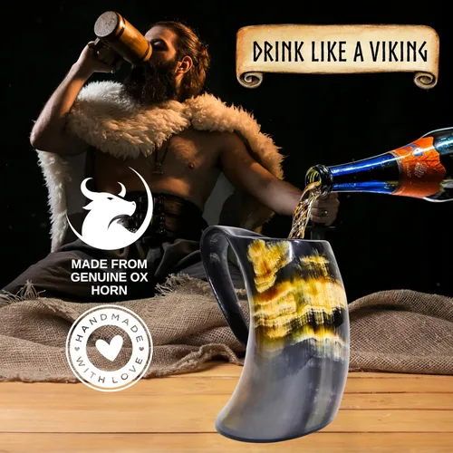 Vista 4 de Viking Craft's Taza de cuerno para beber jarra hecha a mano y acabado natural
