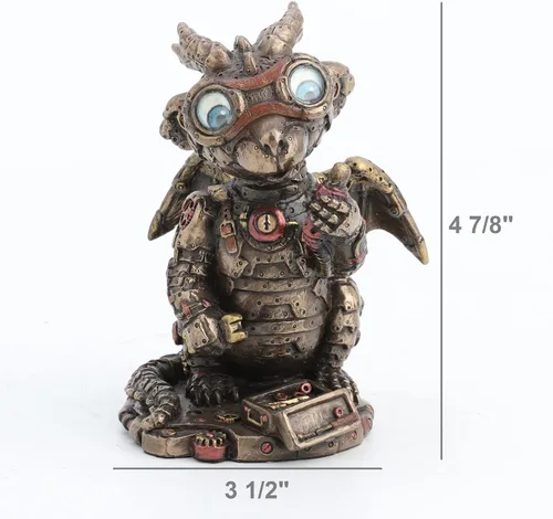 Vista 9 de Veronese Design Steampunk Dragon Tinkerer con gafas de engranaje mecánico Figura de resina acabado bronce
