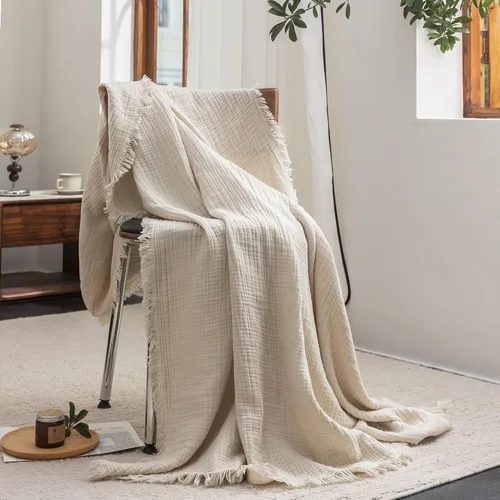 Vista 5 de FOSSA Manta de Muselina con Flecos - Gasa de Algodón 100% de 4 Capas Súper Suave y Transpirable - Manta Decorativa Ligera y Refrescante para Cama