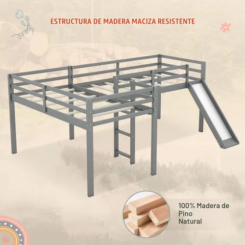 Vista 7 de Merax Cama doble tipo loft de tamaño individual con tobogán y escalera, marco de cama de madera en forma de L con barandilla de longitud completa