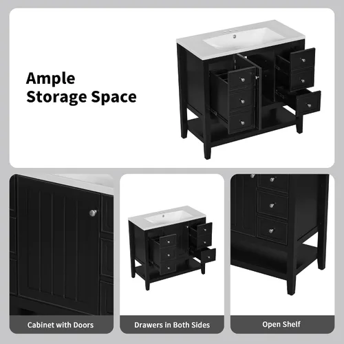 Vista 4 de Merax Mueble de baño de 35.5 pulgadas sin fregadero, solo base de gabinete, armario de baño con puerta individual y 3 cajones, color negro