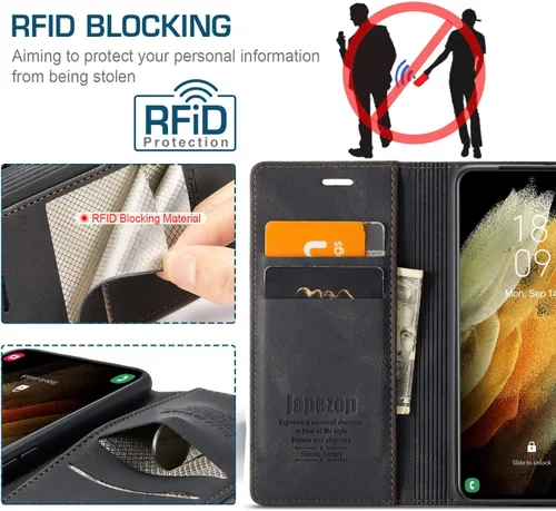 Vista 3 de Funda tipo cartera para Samsung Galaxy S21+ Plus 5G con bloqueo RFID, tarjetero y función atril magnético, funda de piel con tapa para Samsung Negro