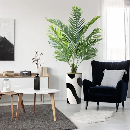 Vista 27 de Árbol artificial con diseño de hojas blancas y negras, palmera tropical areca artificial de seda para decoración del hogar en interiores y Diseño
