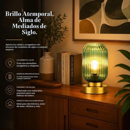 Vista 2 de Lámpara de mesa dorada moderna de mediados de siglo con pantalla de vidrio Verde